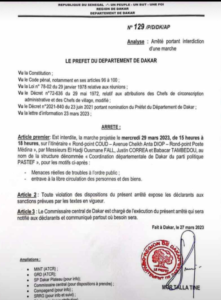 Le préfet de Dakar Mor Talla Tine a interdit les marches de la coalition Yewwi askan wi prévues les 29 et 30 mars 2023
