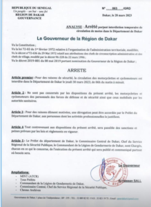 Le gouverneur de Dakar interdit la circulation des motocyclettes et cyclomoteurs ce jeudi de 6 heures à minuit. 